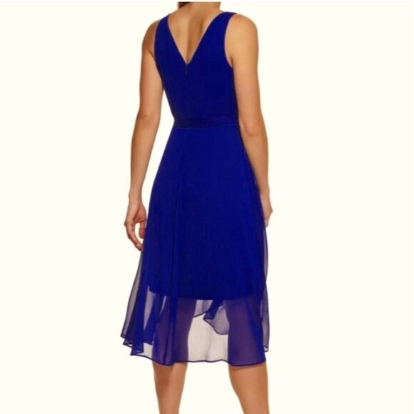 Dkny Womens Size 6 Blue Chiffon High-Low Sleeveless V-Neck Tie Waist Midi Dress - Picture 2 of 10